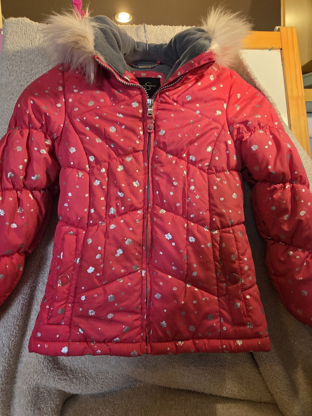 Jessica Simpson Hot Pink Puffer Jacket with Faux Fur Trim
